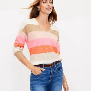 Loft Ann Taylor Multicolor Color Block Wool Blend V-Neck Sweater Oversized XS